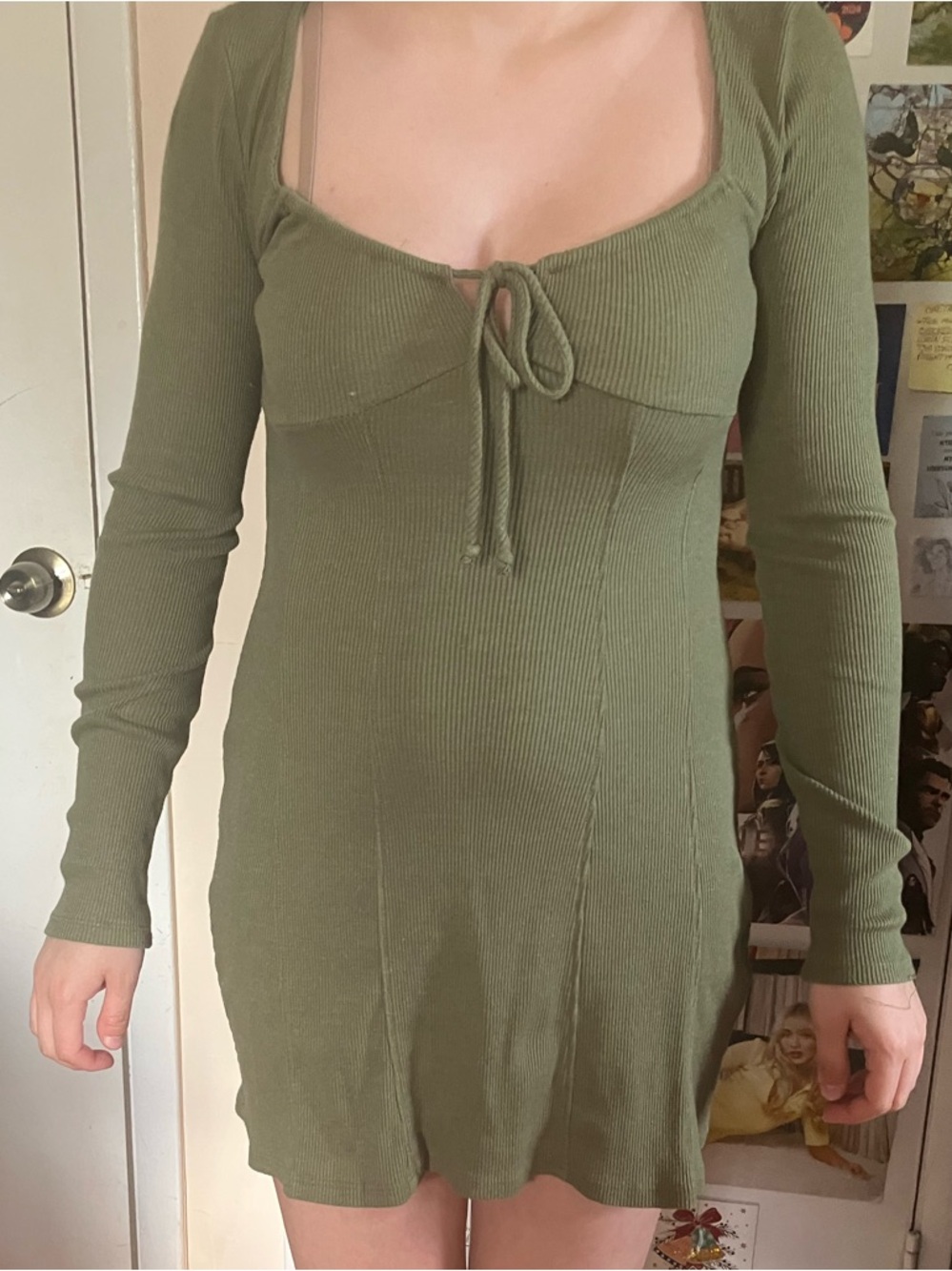 Forever 21 Olive Green Ribbed Tie-Front Mini Dress